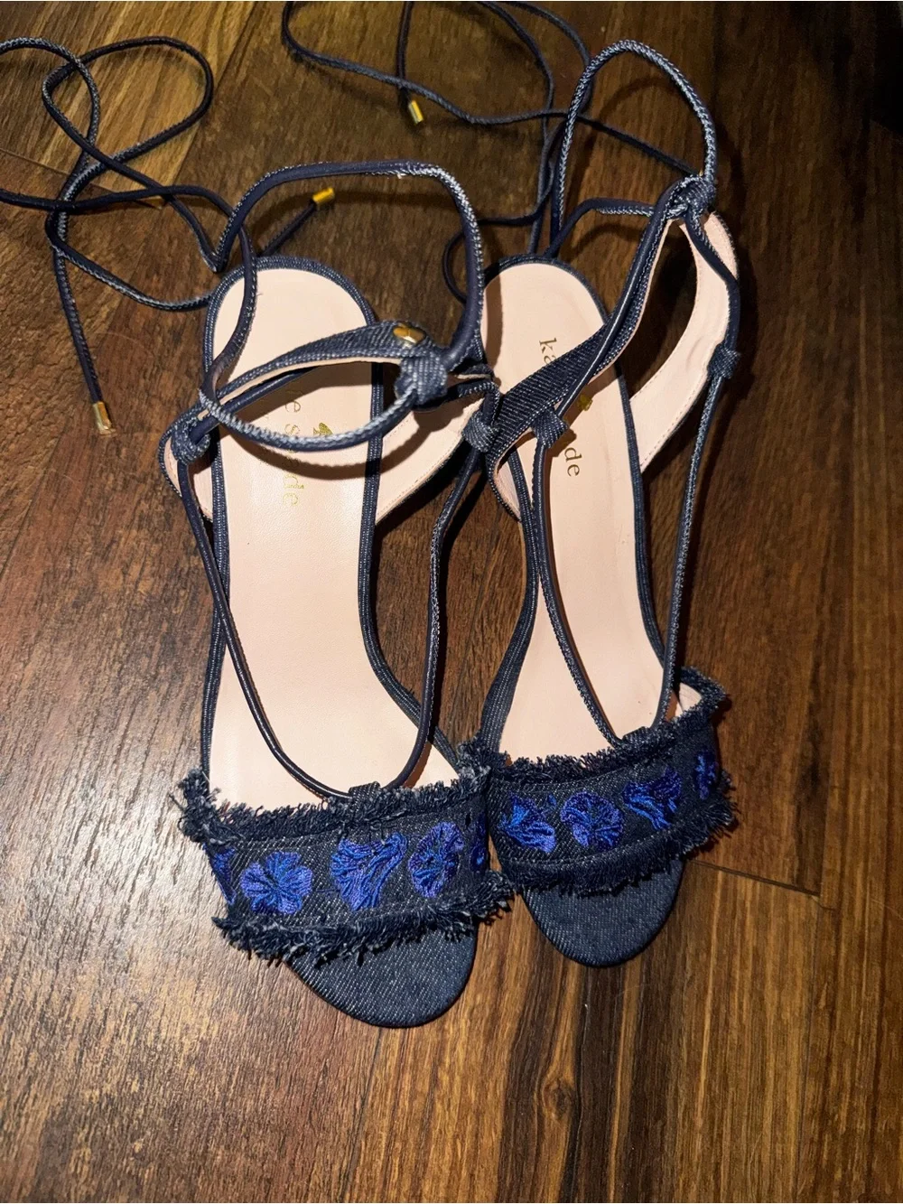 kate spade Navy Embroidered Strappy Block Heel Sandals